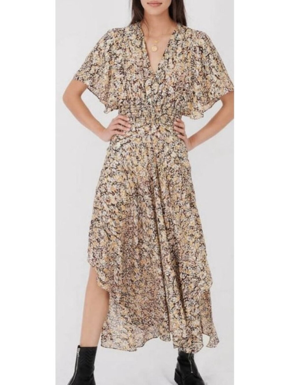 MAJE Rachelle Animalier Lurex Floral Midi Dress Smocked Size 36 Small Lined